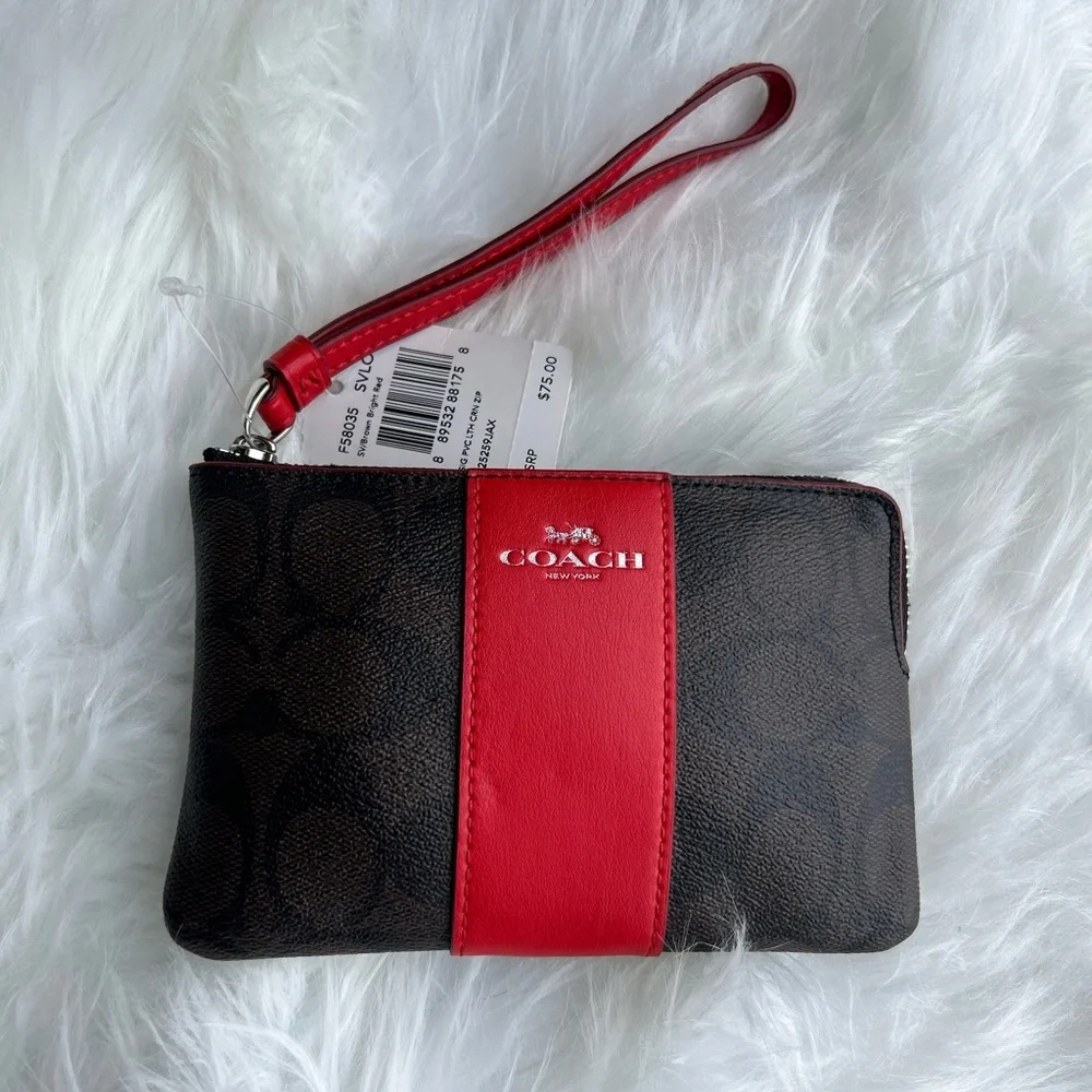 Coach Signature brown & red stripe Zip Wristlet New With Tags.  C - Picture 8 of 13